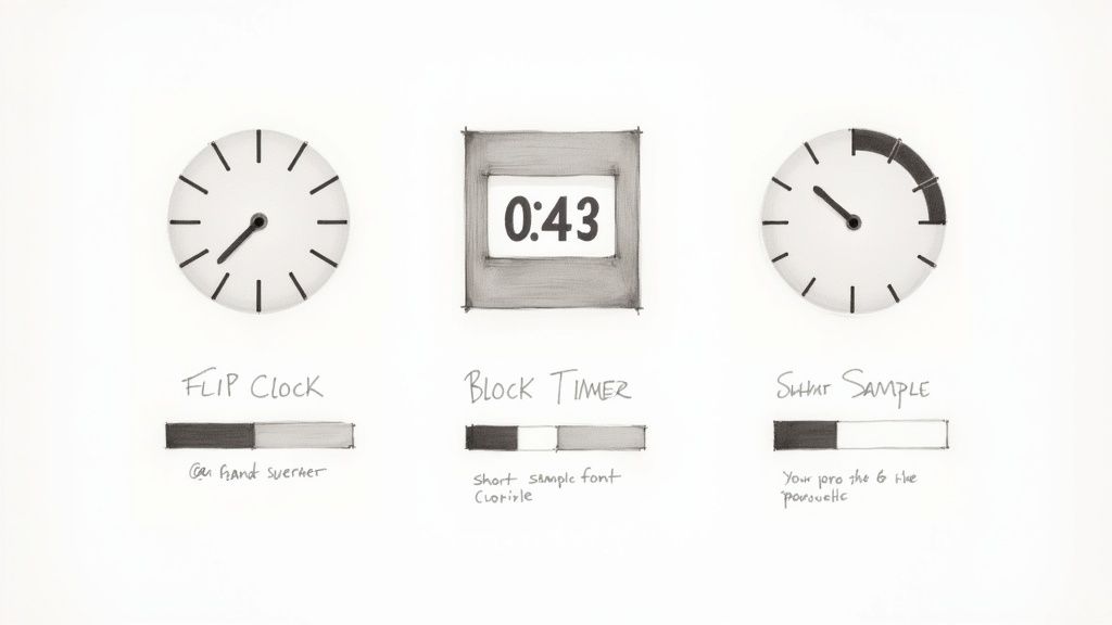 Hand-drawn sketches of three unique countdown clock and timer designs with labels and progress bars.