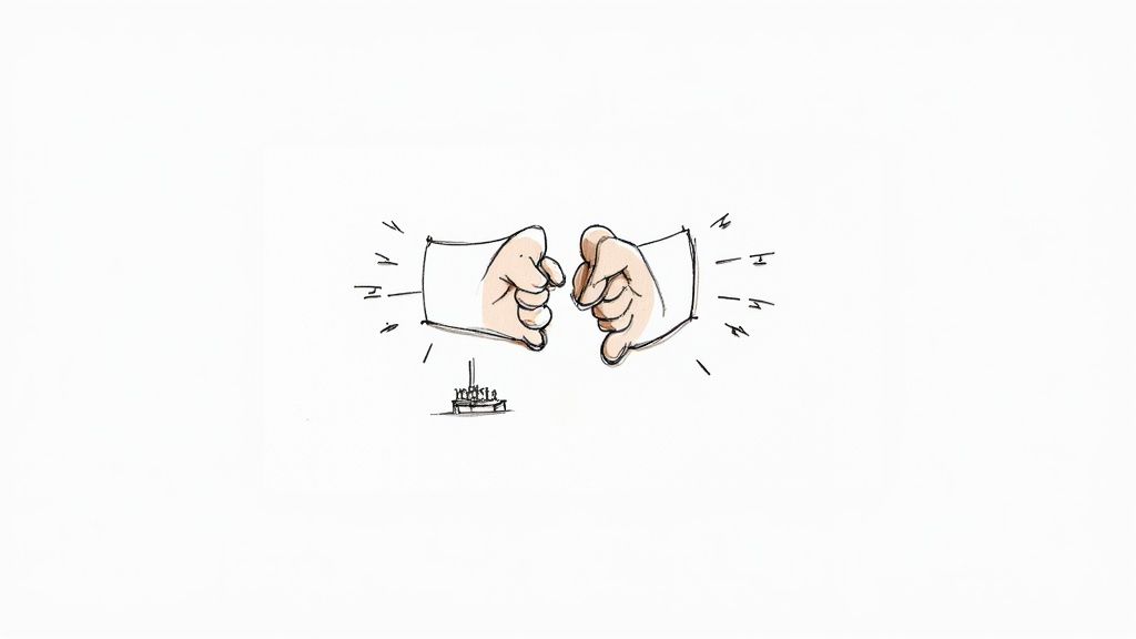 Two fists bumping together through pillows in celebratory gesture illustration
