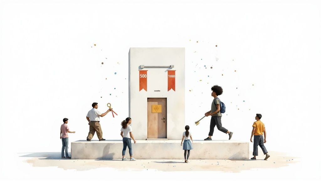 Diverse people with keys near a building with '500' and '1030' banners, representing digital milestones.