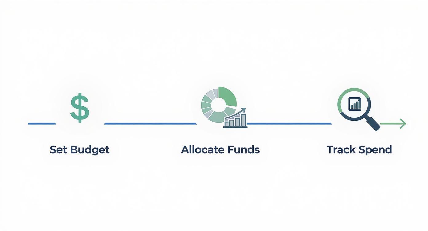 Three-step budget management process showing set budget, allocate funds with charts, and track spend with magnifying glass