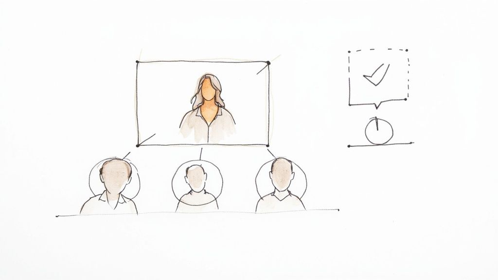 A hand-drawn diagram illustrating a woman leading three individuals, symbolizing a team structure or online teaching setup.