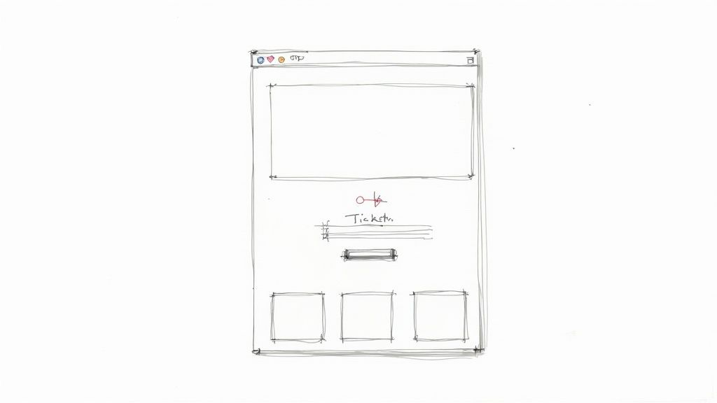 Hand-drawn wireframe sketch of online ticket sales website interface with booking form layout