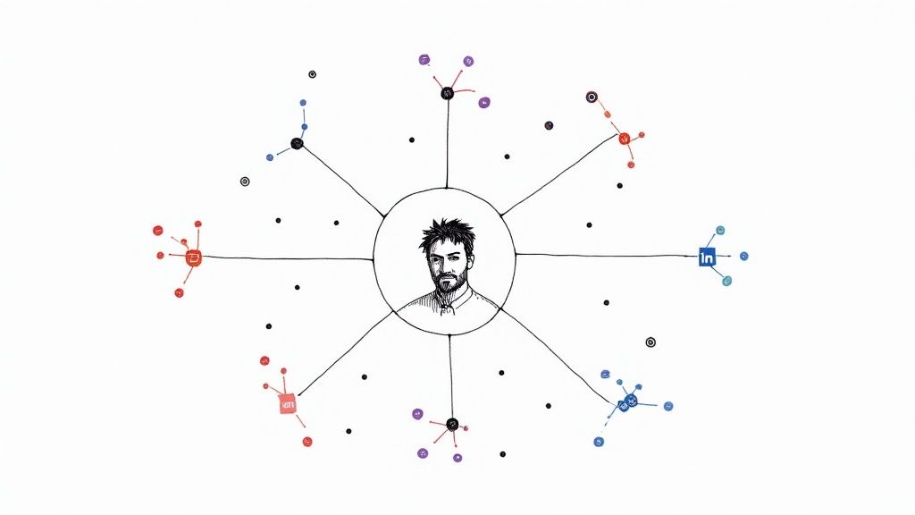 Network diagram showing person at center with social media platform connections radiating outward