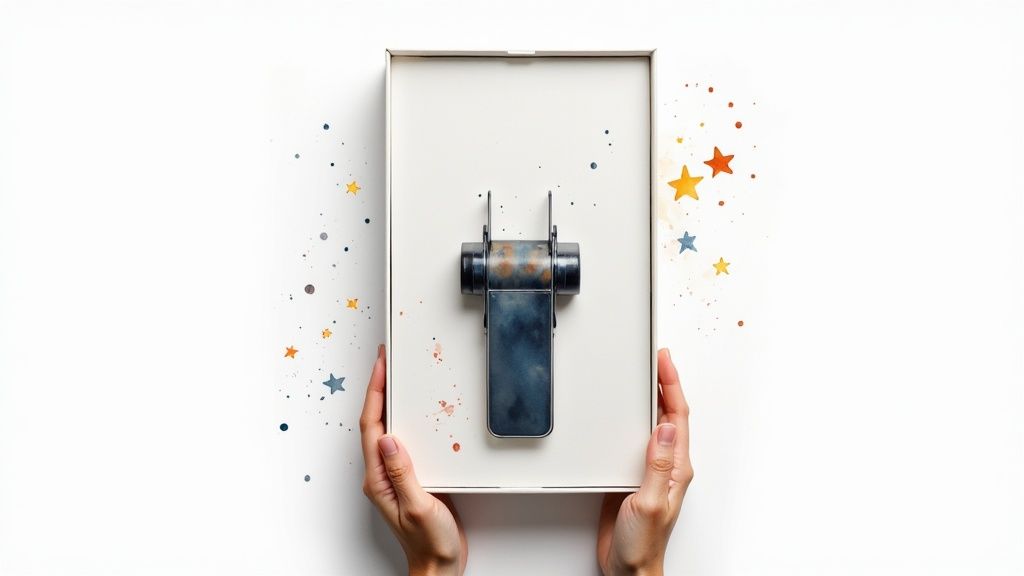 Hands holding a white box with a dark, distressed metal object, surrounded by colorful stars and speckles.