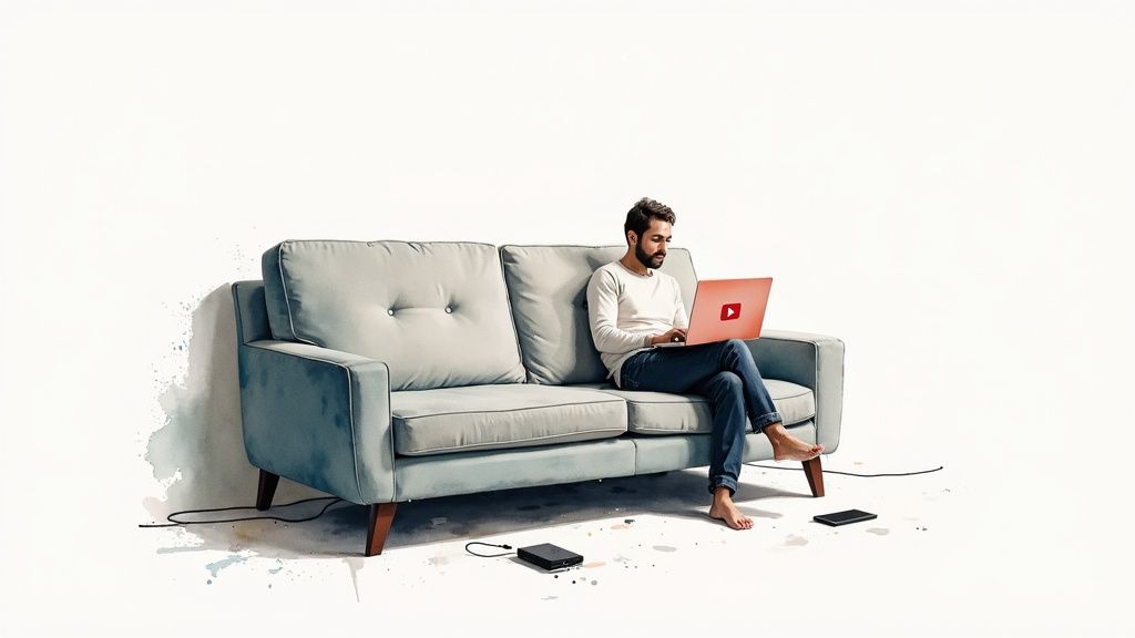 A person using a laptop to watch and record a YouTube live stream, with an engaging visual interface on the screen.