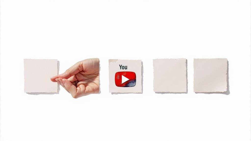 Paper torn frames showing hand gesture and YouTube logo representing subscriber growth strategy