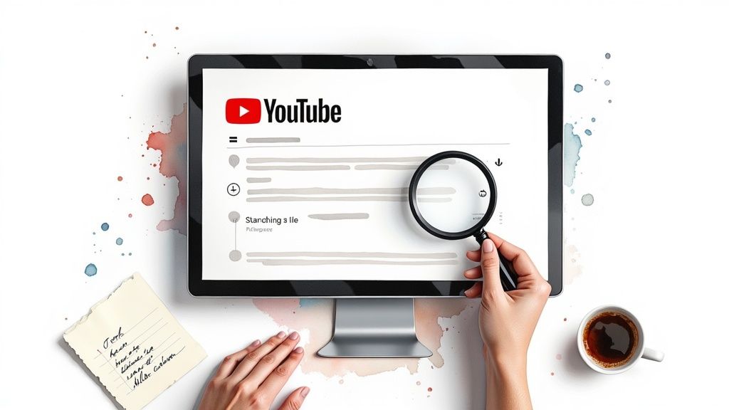 A magnifying glass hovering over a computer screen showing the YouTube interface, symbolizing the search and discovery aspect of YouTube SEO.
