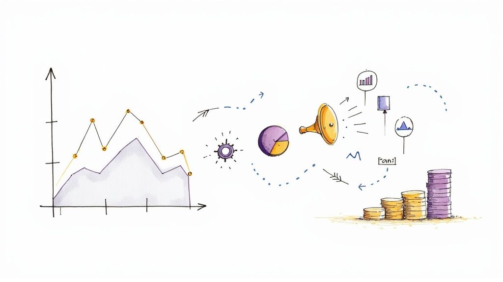 A streamer looking at their Twitch revenue analytics on a monitor, showing subscription and ad income graphs.