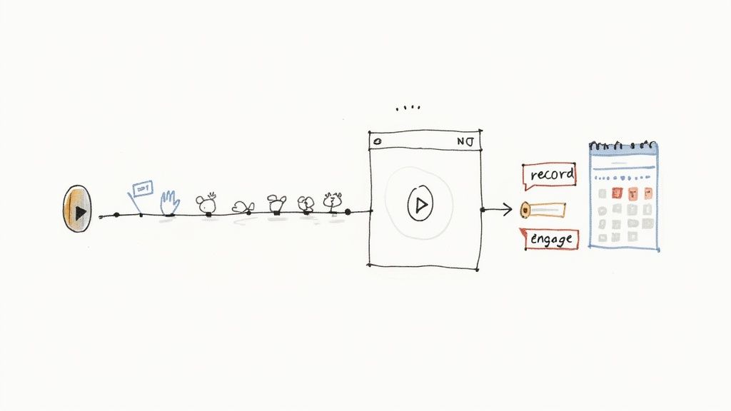 Hand-drawn diagram illustrating a digital content workflow including playback, audience interaction, recording, and calendar scheduling.