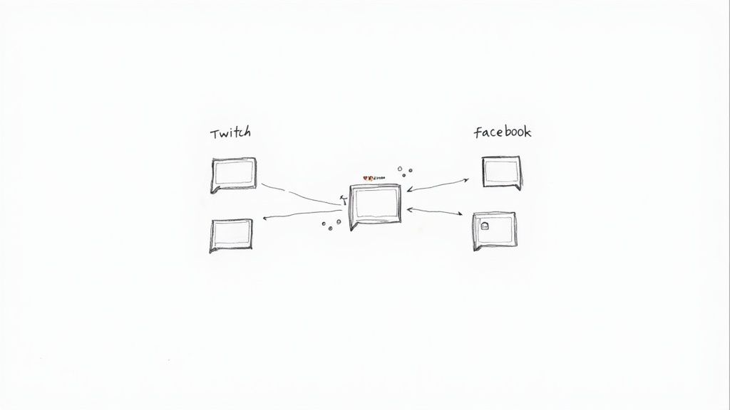 A diagram illustrates combining streams from Twitch and Facebook onto a central monitor, showing multi-platform content integration.