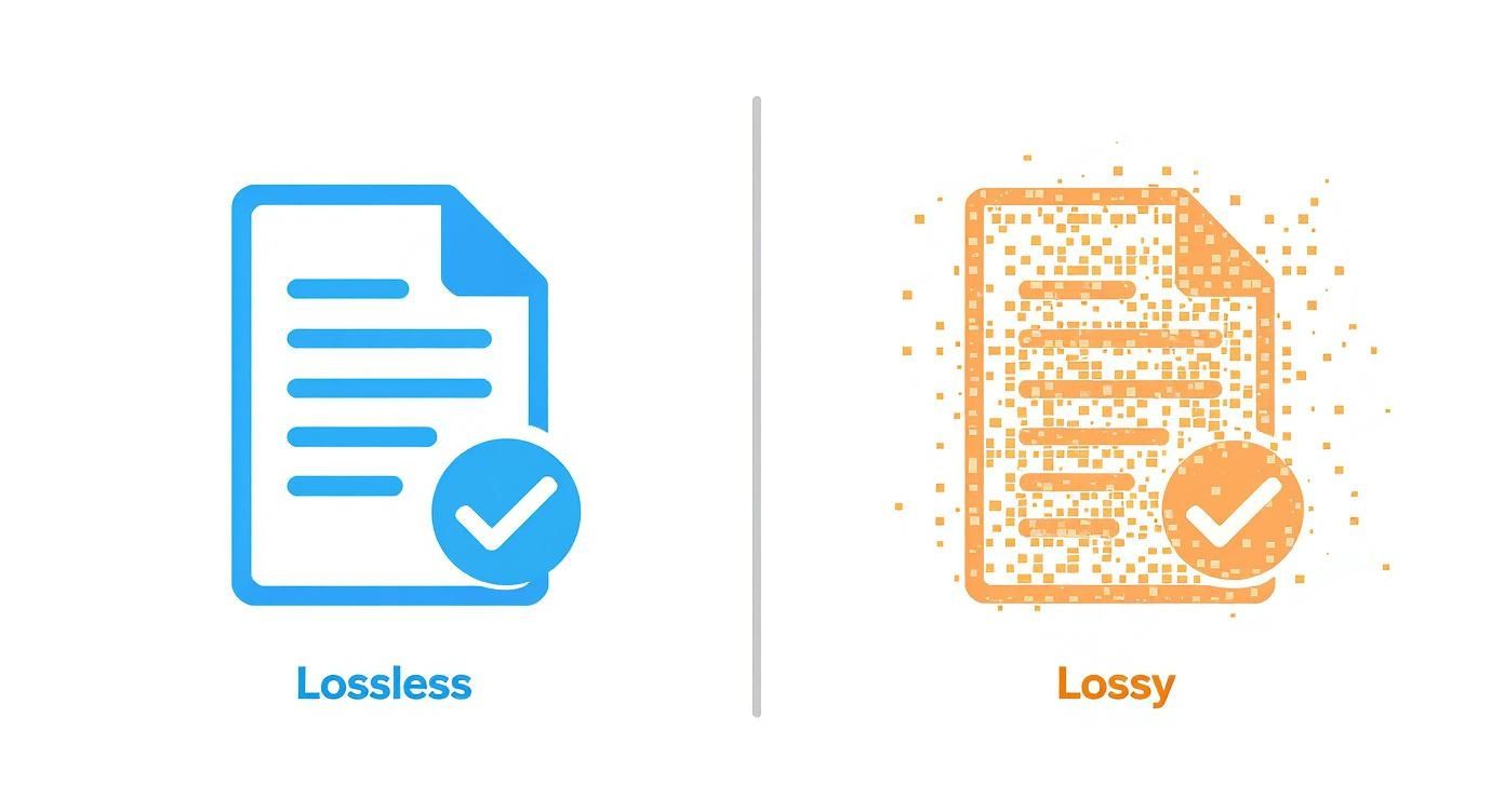 Visual comparison showing lossless compression with intact document versus lossy compression with pixelated degraded document quality