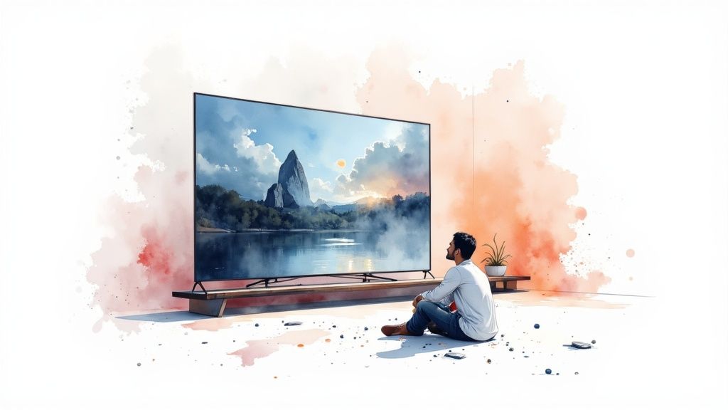 A man sitting on the floor watching a large TV displaying a scenic watercolor landscape.