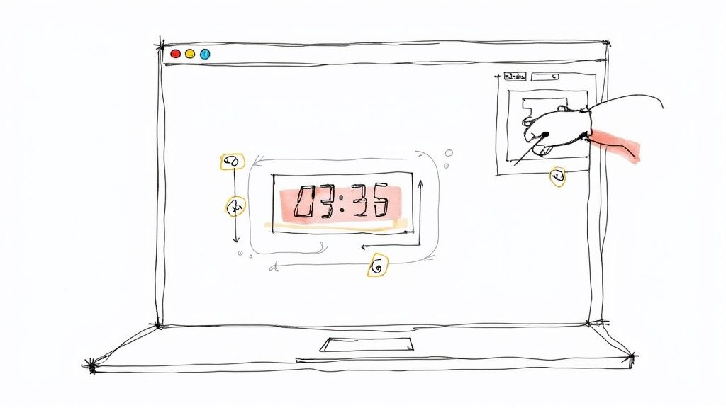 An image of a user interacting with a website builder to add a countdown timer to a webpage.