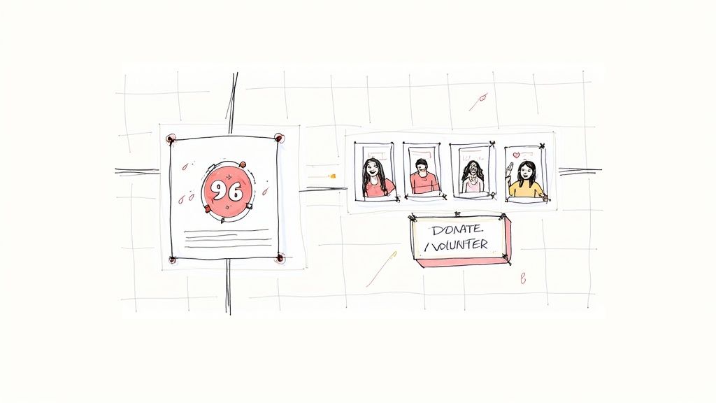 Nonprofit website display showing team photos and donate volunteer call-to-action button