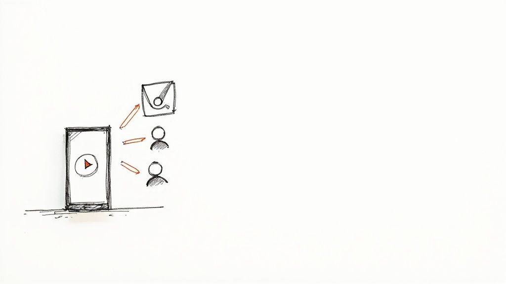 Hand-drawn sketch of a smartphone distributing content to users and a secured folder.