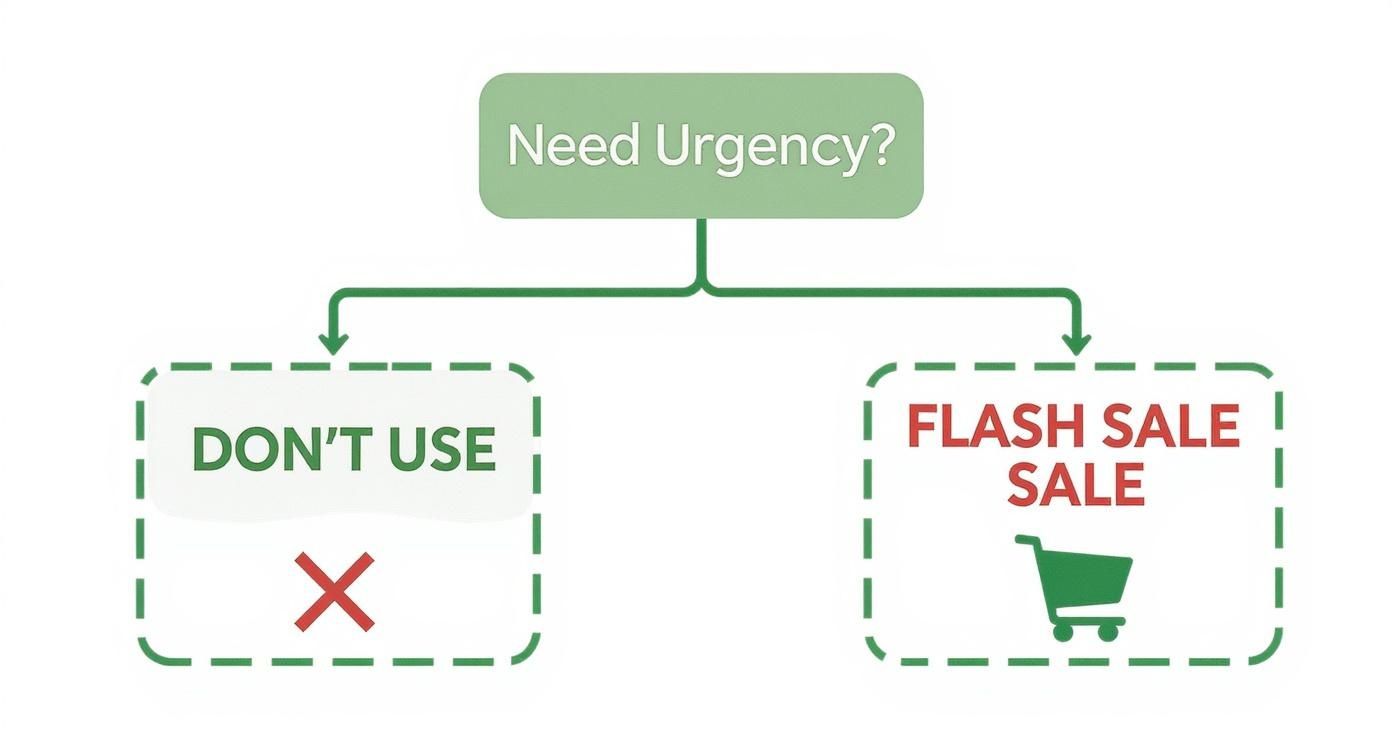 Flowchart illustrating marketing urgency strategies: 'DON'T USE' for generic urgency, and 'FLASH SALE' with a shopping cart.