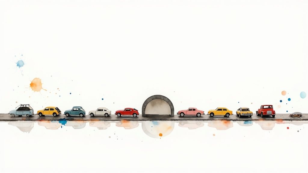 A line of colorful vintage toy cars on a reflective surface, with a tunnel and watercolor splatters.