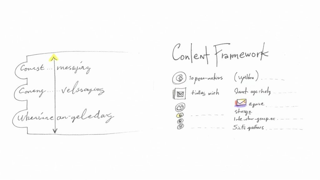 Hand-drawn diagram showing content framework with messaging phases and persona-driven email strategy elements