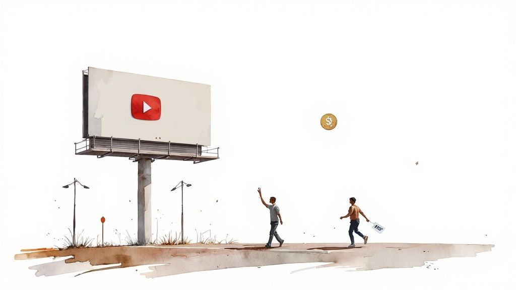 A person looking at a chart showing upward-trending financial metrics on a computer screen, representing YouTube analytics.