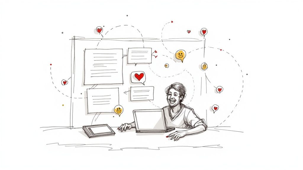 A happy person interacts with social media on a laptop, surrounded by message bubbles and likes.