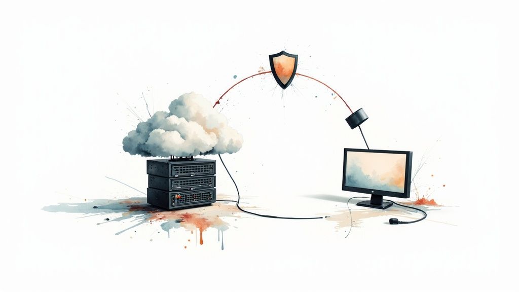 A digital illustration of a sound wave and a video timeline perfectly aligned, symbolizing audio-video sync.