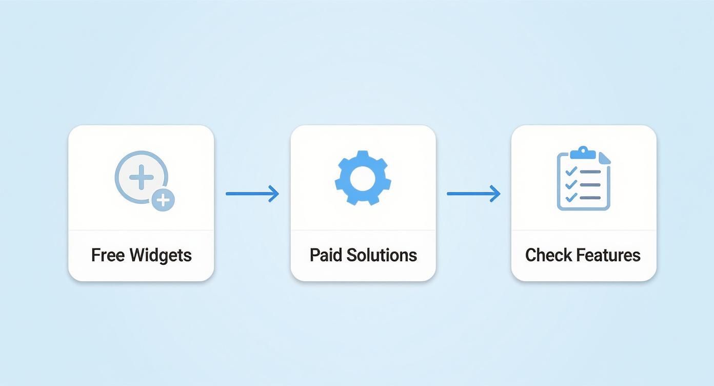 A flowchart illustrating three steps: Free Widgets, Paid Solutions, and Check Features, represented by blue icons.
