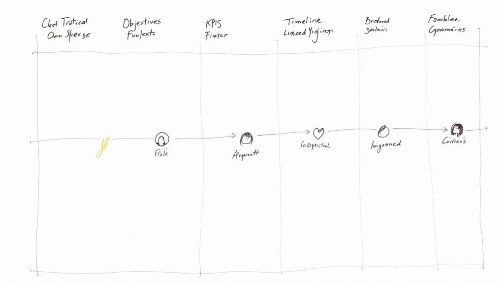 Hand-drawn workflow diagram showing project stages from file through arguments to inspiring, triggered and curious phases