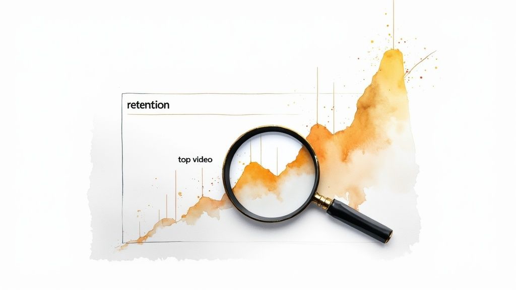 Magnifying glass analyzing upward trending graph showing YouTube video retention and top video performance metrics