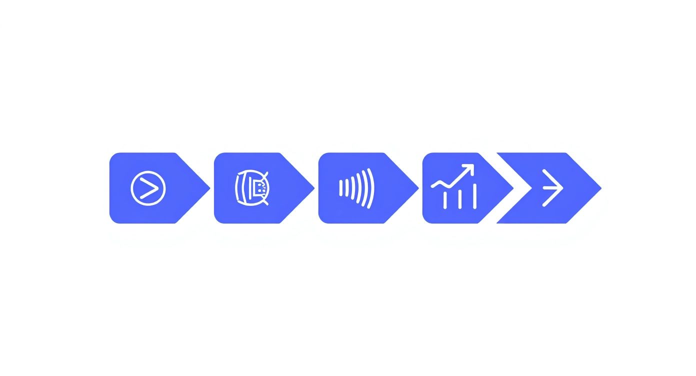 Blue arrow-shaped workflow diagram showing YouTube content creation process from recording to analytics and growth