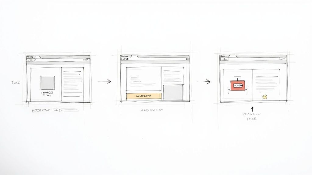 A user interface showing a countdown timer being placed onto a website layout.