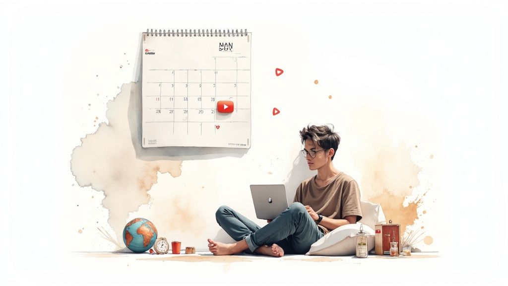 A young man sitting with a laptop, planning YouTube content on a calendar, in a soft watercolor style.