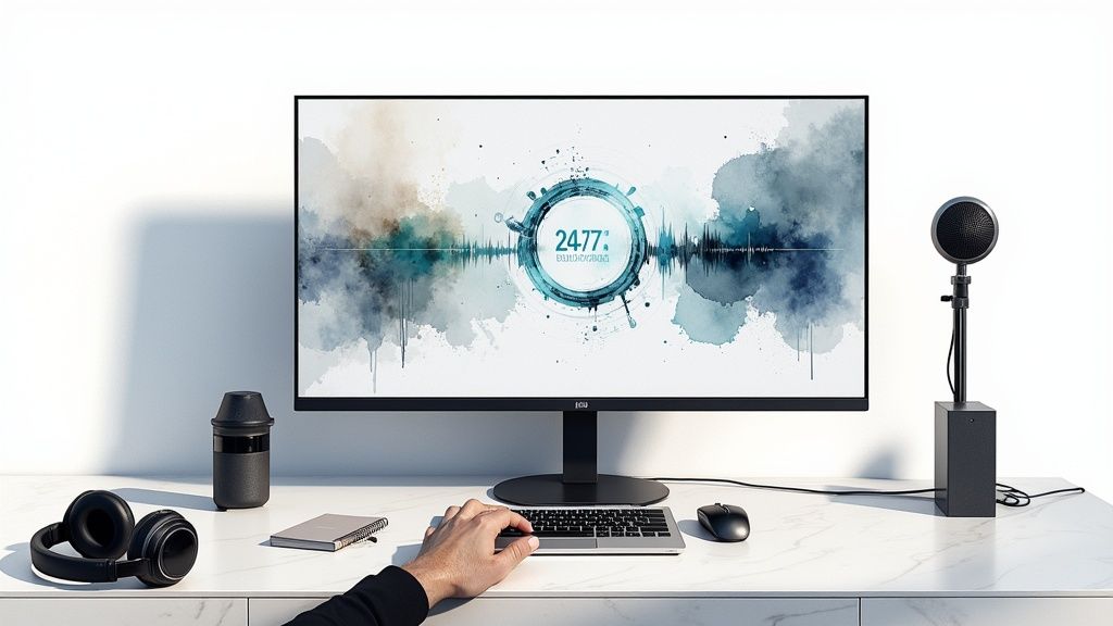 A person live streaming to a large online audience from their desk setup