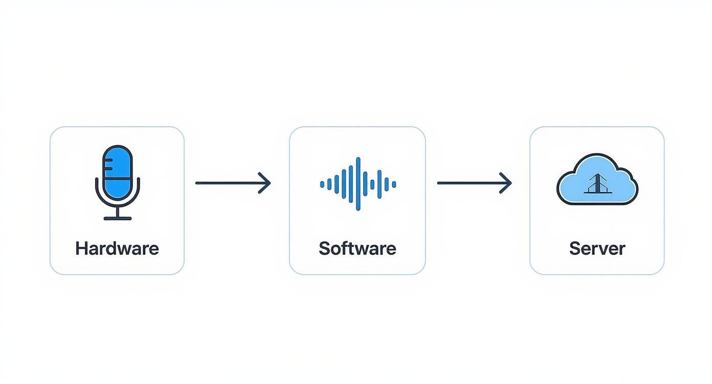 Diagram illustrating audio processing: hardware captures sound, software processes it, and then uploads to a server.