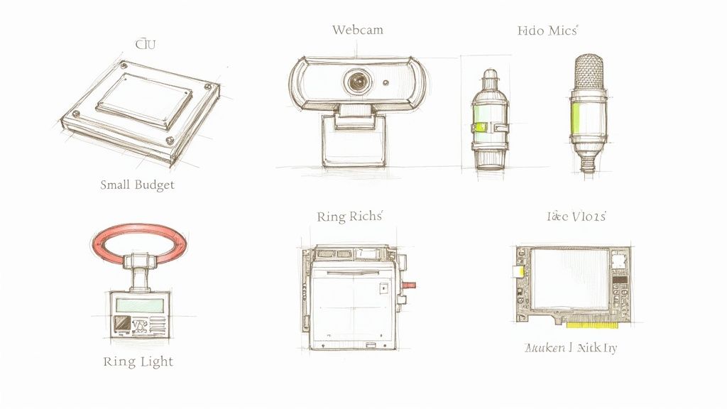 A person at a desk with a microphone and webcam, surrounded by streaming equipment.