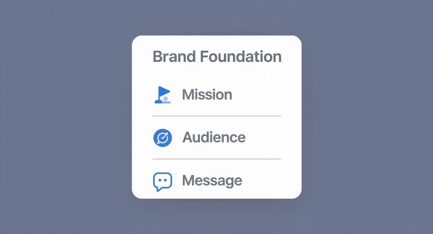 Brand foundation framework displaying mission, audience, and message components with blue icons on white card