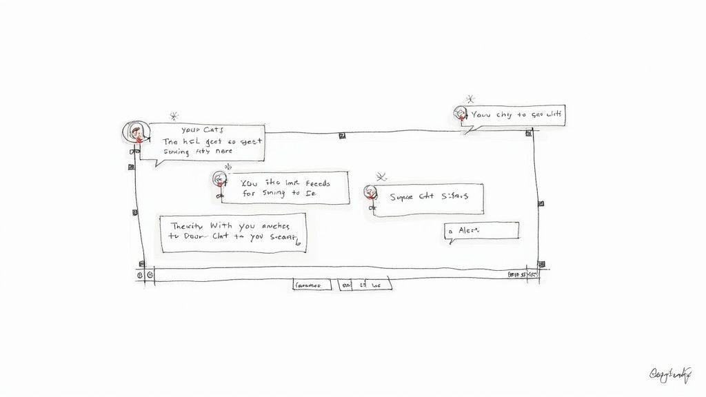 Hand-drawn wireframe sketch showing smart home interface layout with cat-related notifications and alerts
