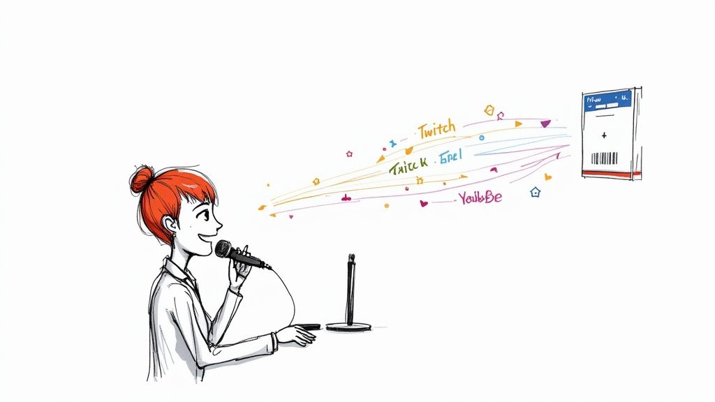 Illustration of a person speaking into a microphone, streaming content to Twitch, YouTube, and other platforms, leading to a ticket/payment box.