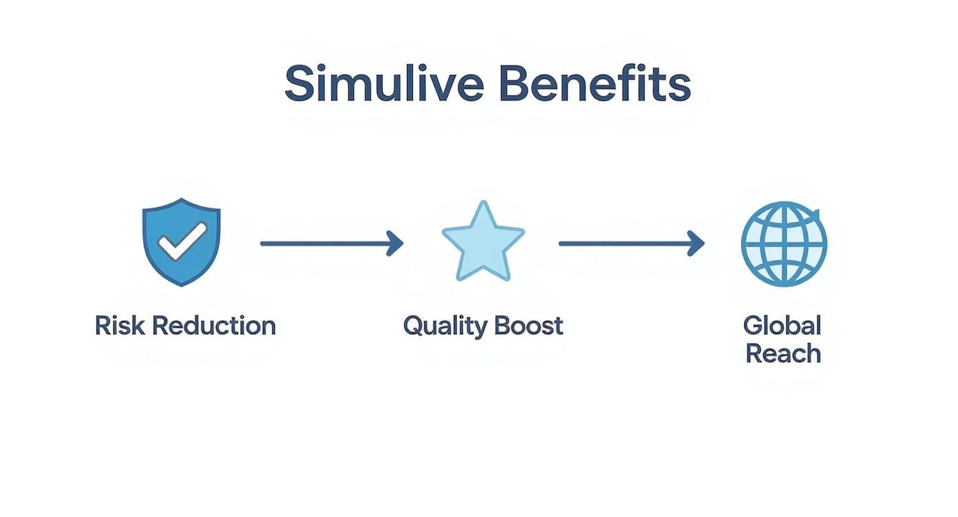 Diagram showing Simulive benefits: risk reduction, quality boost, and global reach, represented by icons and arrows.