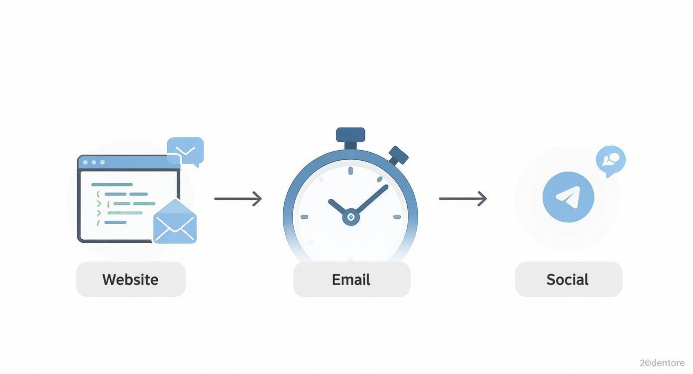 Flow diagram illustrating a customer journey from website subscription to email communication and then social engagement.