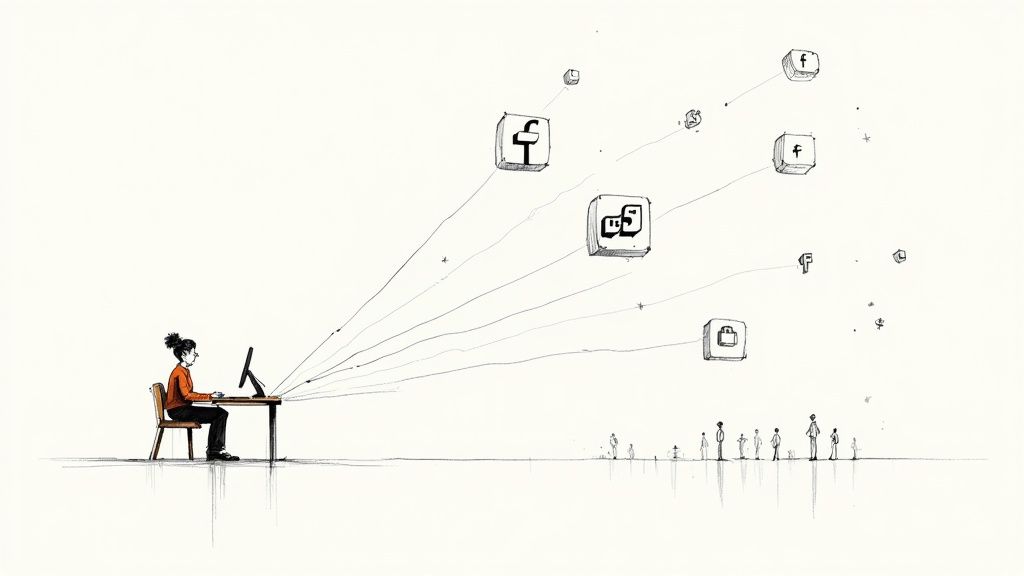 A person on a computer streams data to multiple social media platforms and icons.