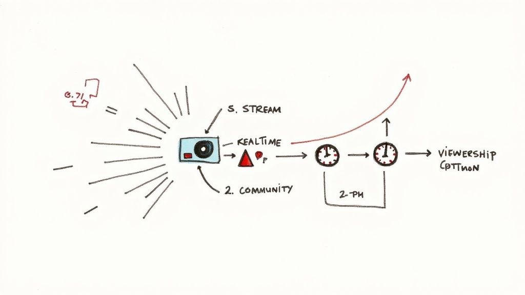 Diagram illustrating a live streaming process from community input to real-time events and viewership growth over time.