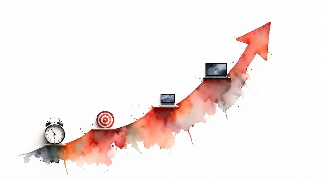 A close-up of a person's hands typing on a laptop, with YouTube analytics and a rising arrow visible on the screen.