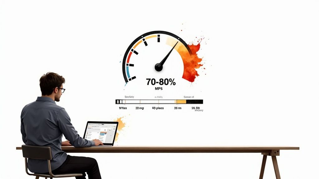 A person running a speed test on their laptop, with the upload speed gauge highlighted to emphasize its importance for streaming.