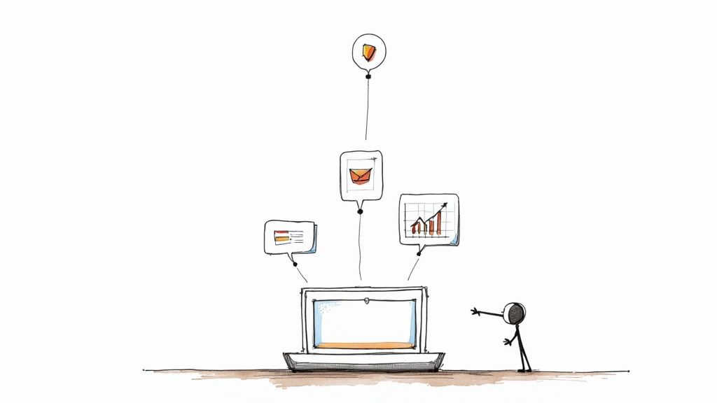 A person attending a virtual conference on their laptop, with a professional and engaging interface visible.