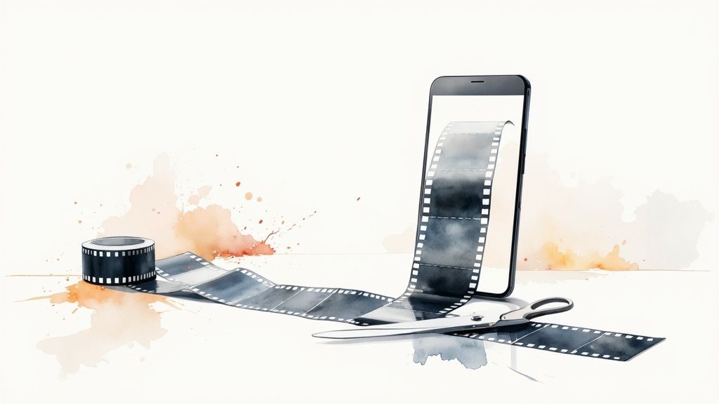 A film strip unspools from a smartphone, being cut by scissors, with a film reel and watercolor accents.