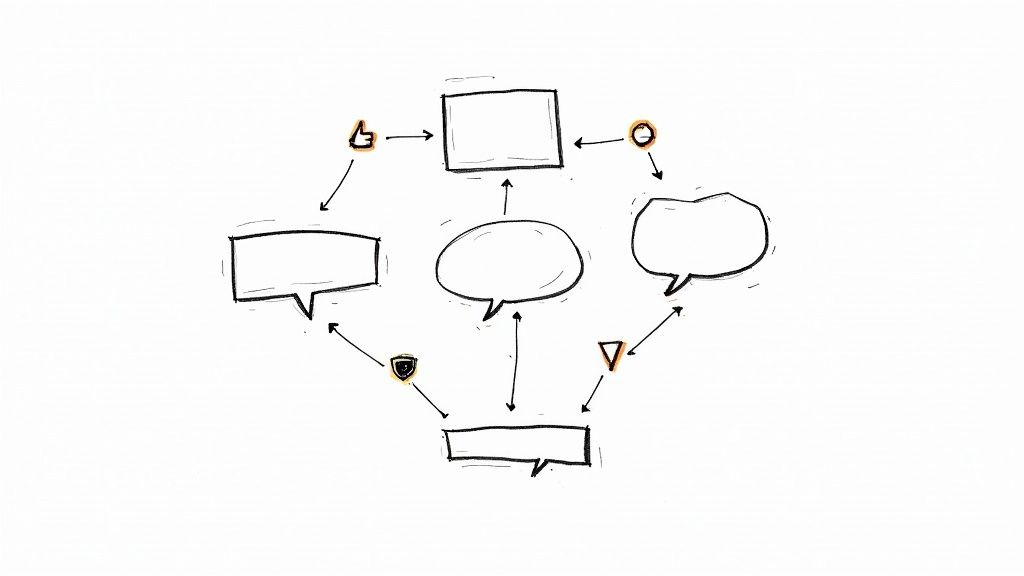 Hand-drawn mind map illustrating interconnected ideas with speech bubbles, a rectangle, arrows, and symbolic icons.