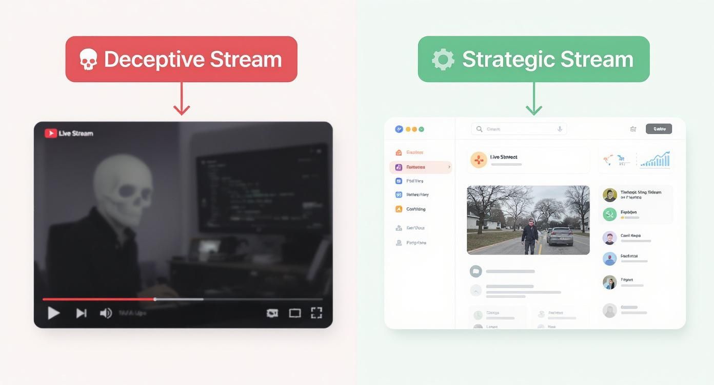Diagram showing deceptive stream with skull icon versus strategic stream with analytics dashboard interface
