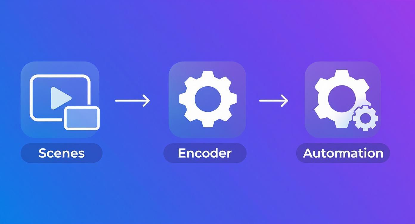 A workflow diagram illustrating scenes, encoder, and automation steps for a live streaming setup.
