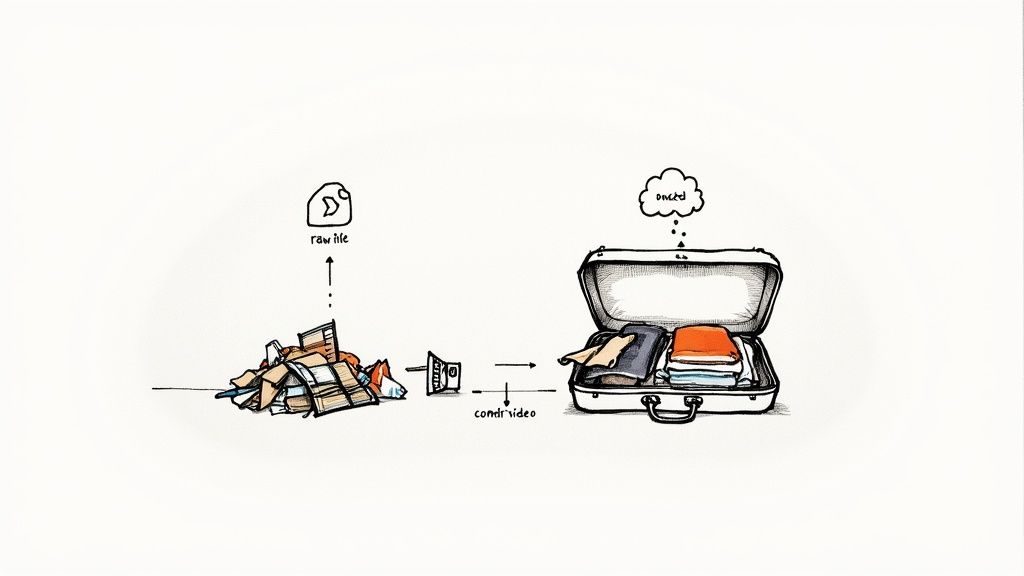 Video encoding process showing raw files being compressed into organized digital format in suitcase