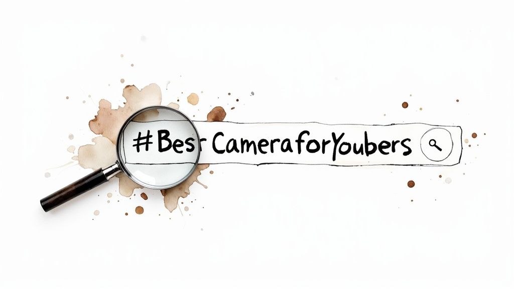 Magnifying glass highlighting best camera for YouTubers hashtag in search bar with watercolor background